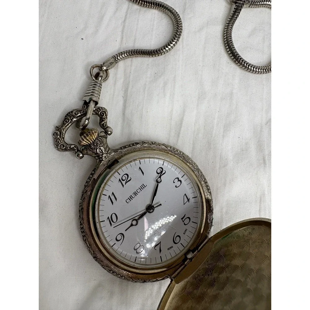 Churchill Silver Tone Pocket Watch with Chain Hunting Scene